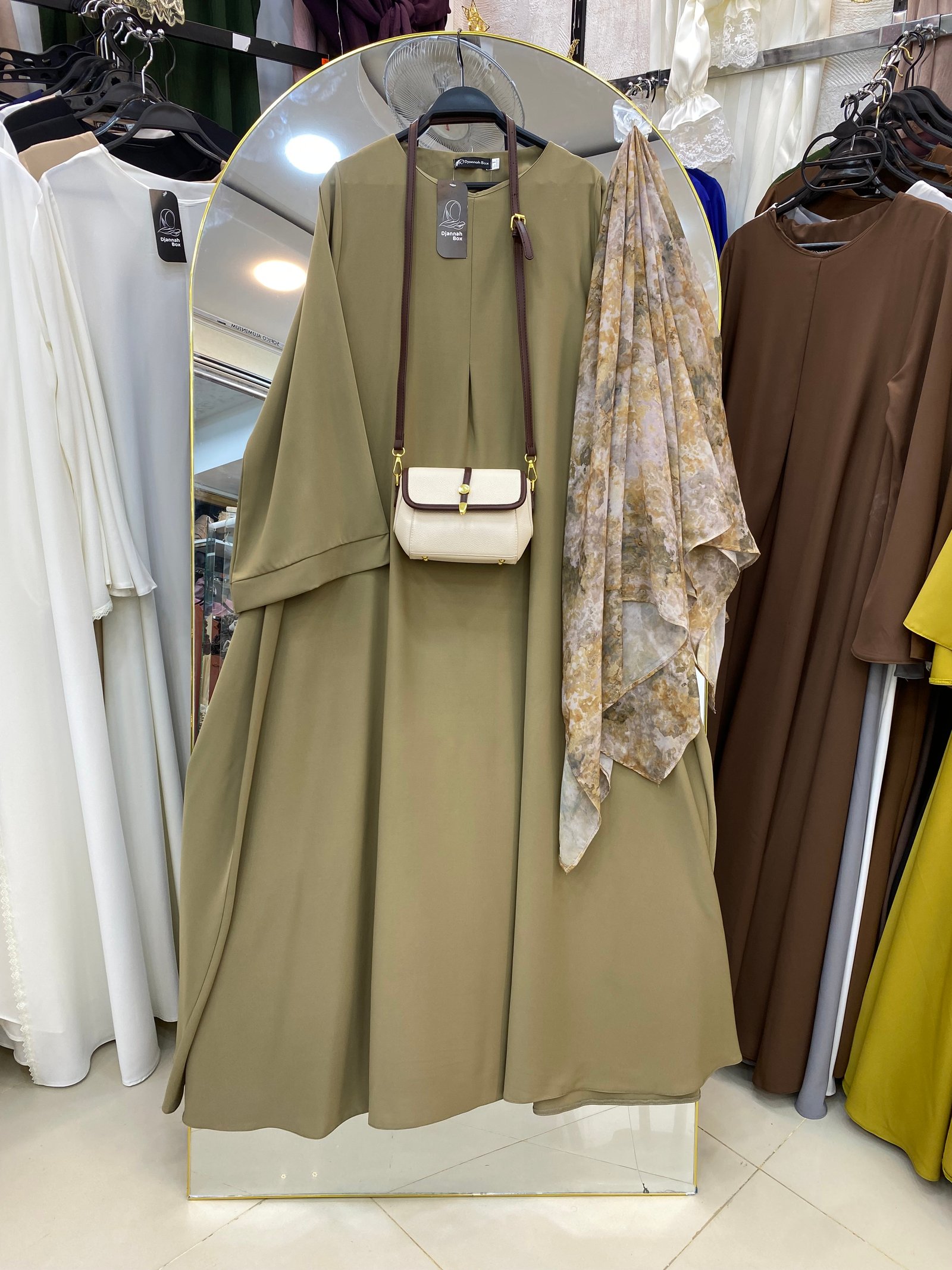 Abaya cloche vert olive + f imprime marbré j
